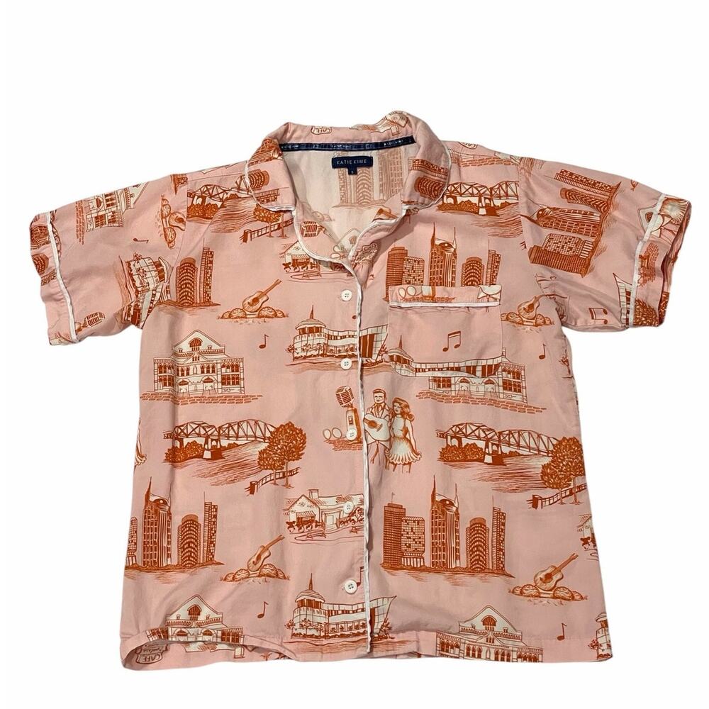Katie Kime Nashville Toile Short Sleeve Pajama Top - Orange/Pink - Small